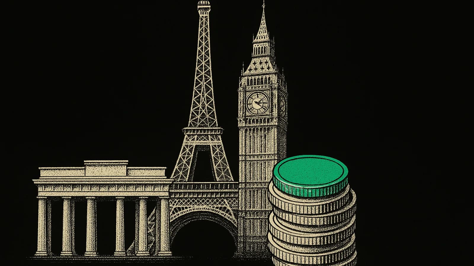 Eiffelova věž, Big Ben a Braniborská brána se sloupkem mincí, ilustrace