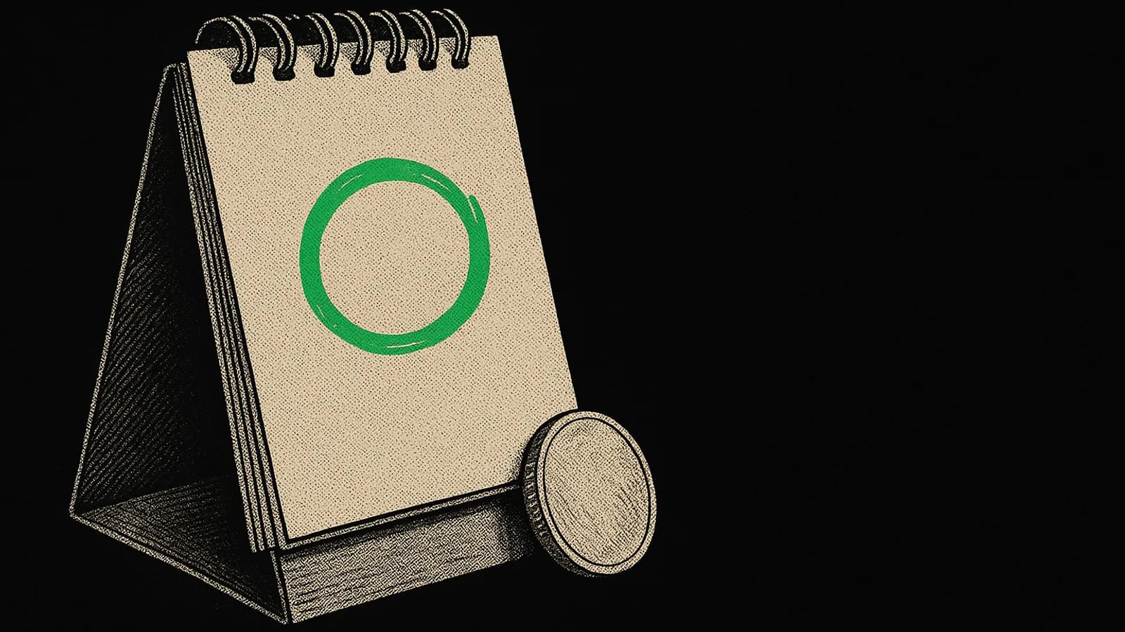 Stolní kalendář se zeleně zakroužkovaným dnem a mincí, ilustrace