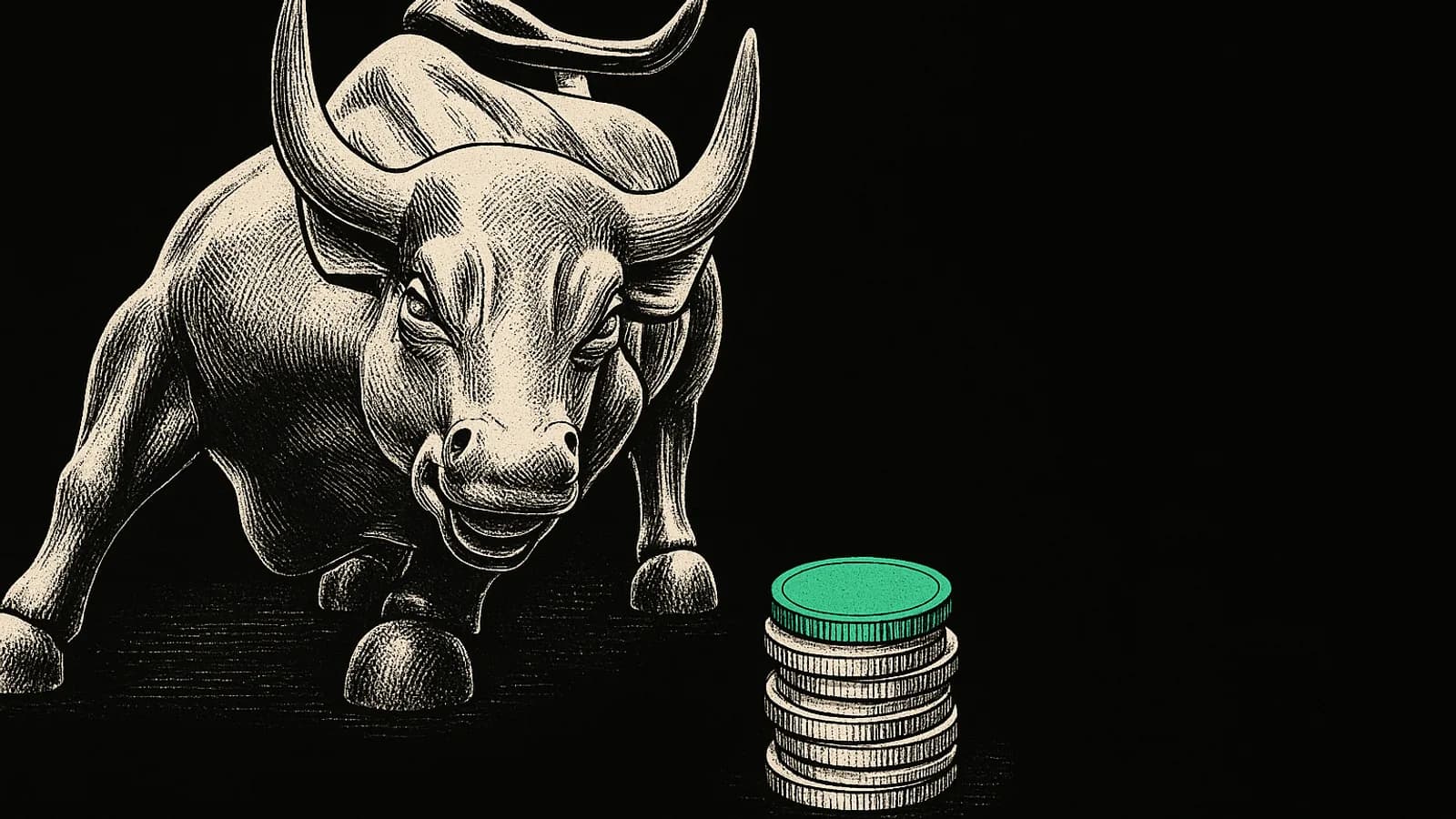 Býk z Wall Street a sloupek mincí, ilustrace