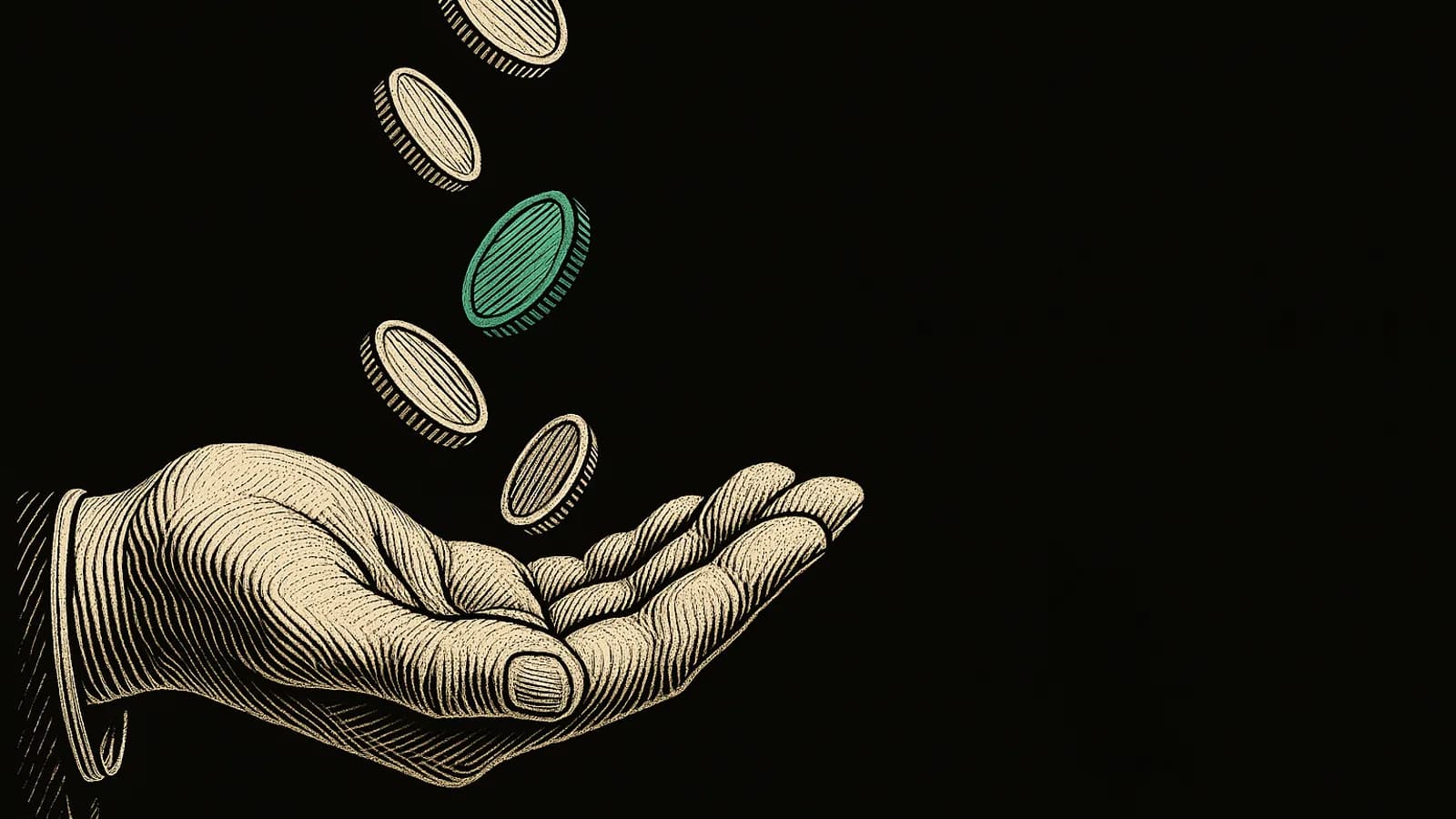 Otevřená dlaň s padajícími mincemi, jedna zelená, ilustrace