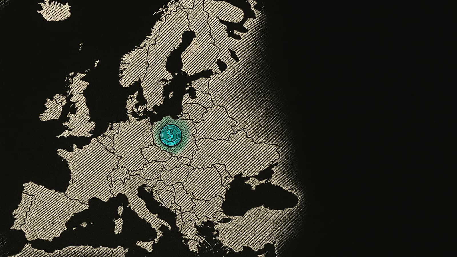 Mapa Evropy s vyznačenou Prahou a zelenou mincí, ilustrace