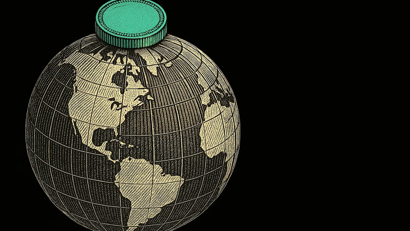 Glóbus se sítí poledníků a jednou zelenou mincí, ilustrace