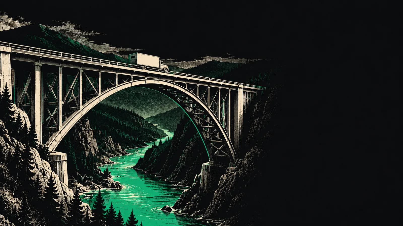 Masivní ocelový most přes údolí, po kterém jede malý náklaďák, ilustrace