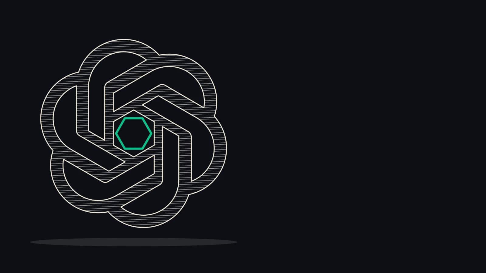 Značka OpenAI jako rytina: šrafovaný propletený květ se zeleným šestiúhelníkem ve středu
