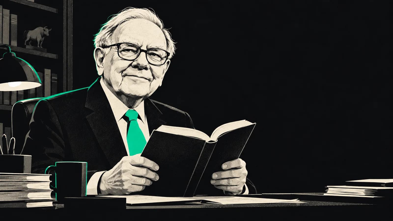 Warren Buffett čte knihu v pracovně, ilustrace