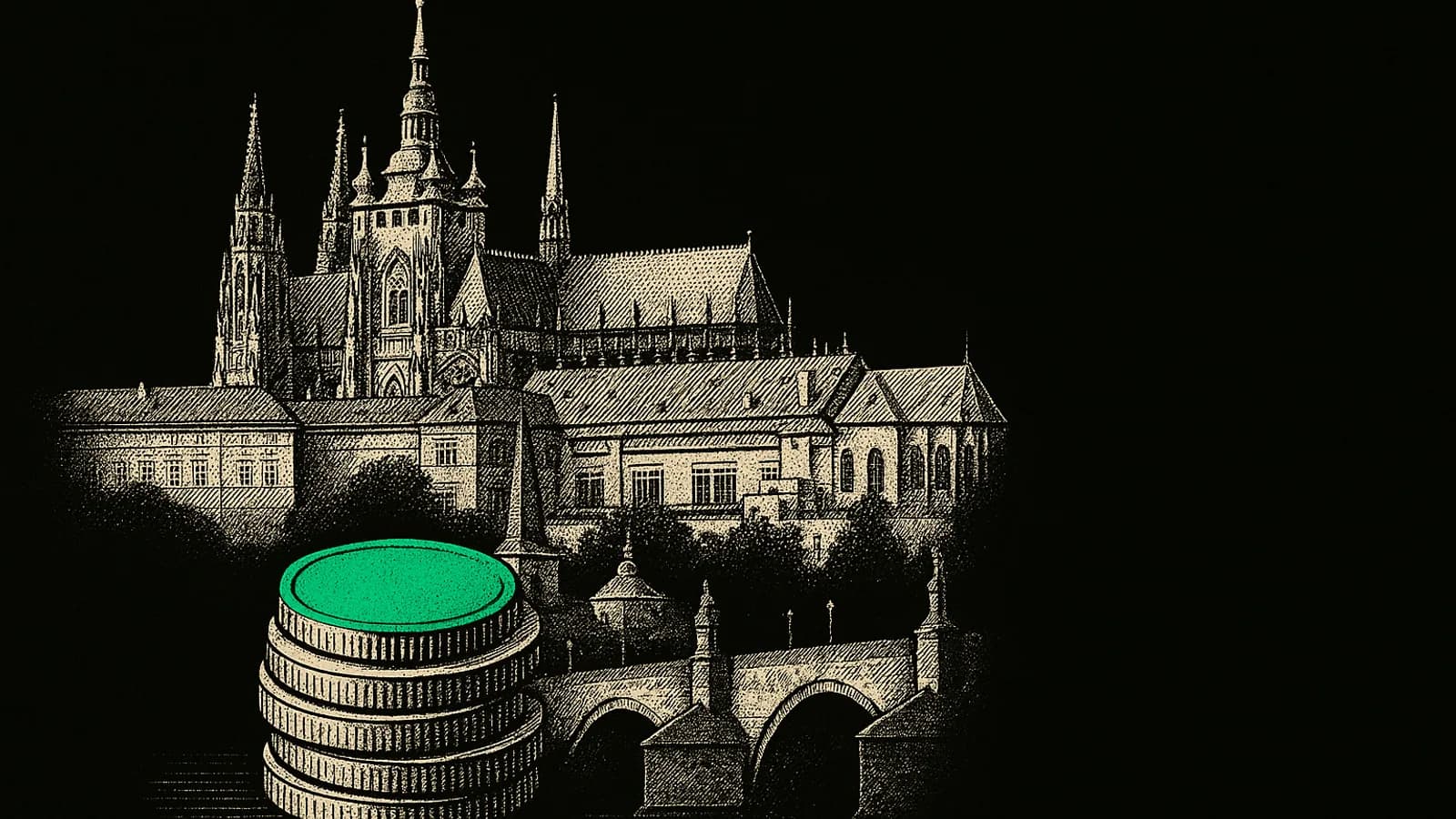 Pražský hrad a Karlův most se sloupkem mincí, ilustrace