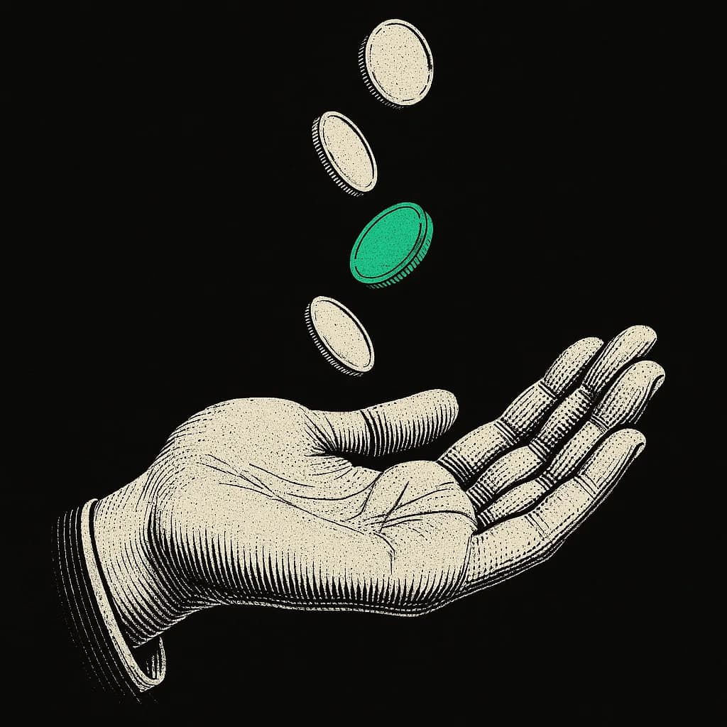 Otevřená dlaň, do které padají mince, jedna zelená; ilustrace rubriky Dividendy