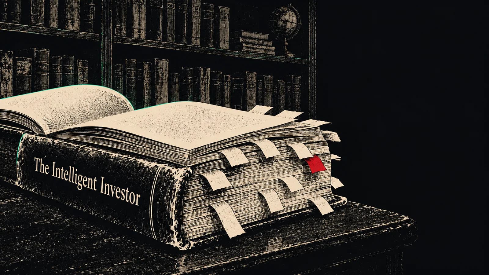 Kniha otevřená z boku s papírovými záložkami, ilustrace
