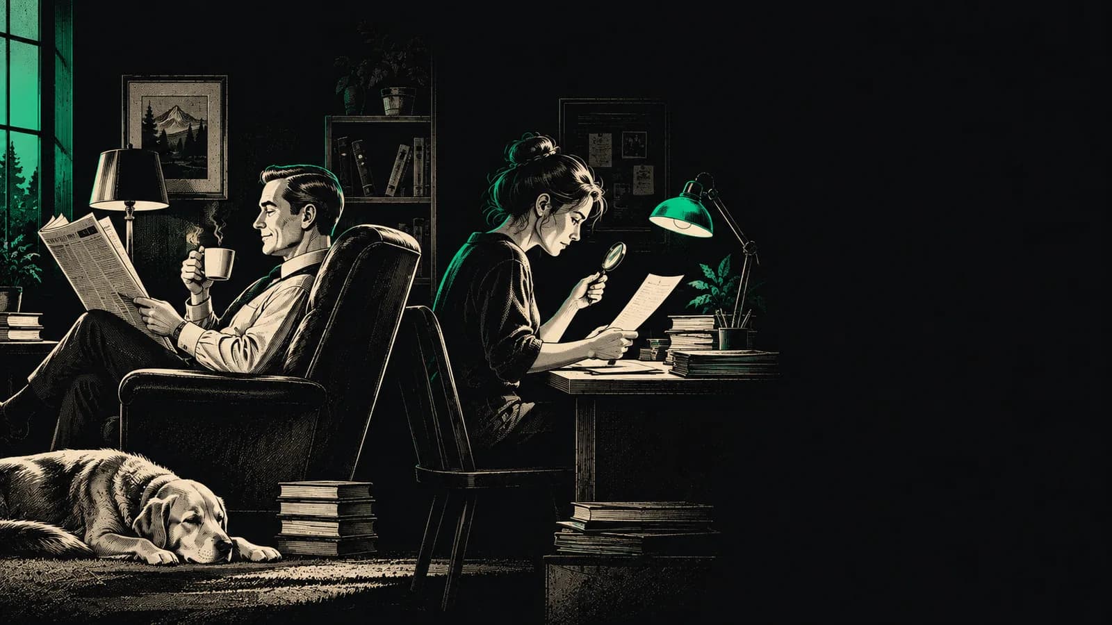 Dvě postavy zády k sobě: muž v křesle s novinami a žena u stolu s lupou a papíry, ilustrace