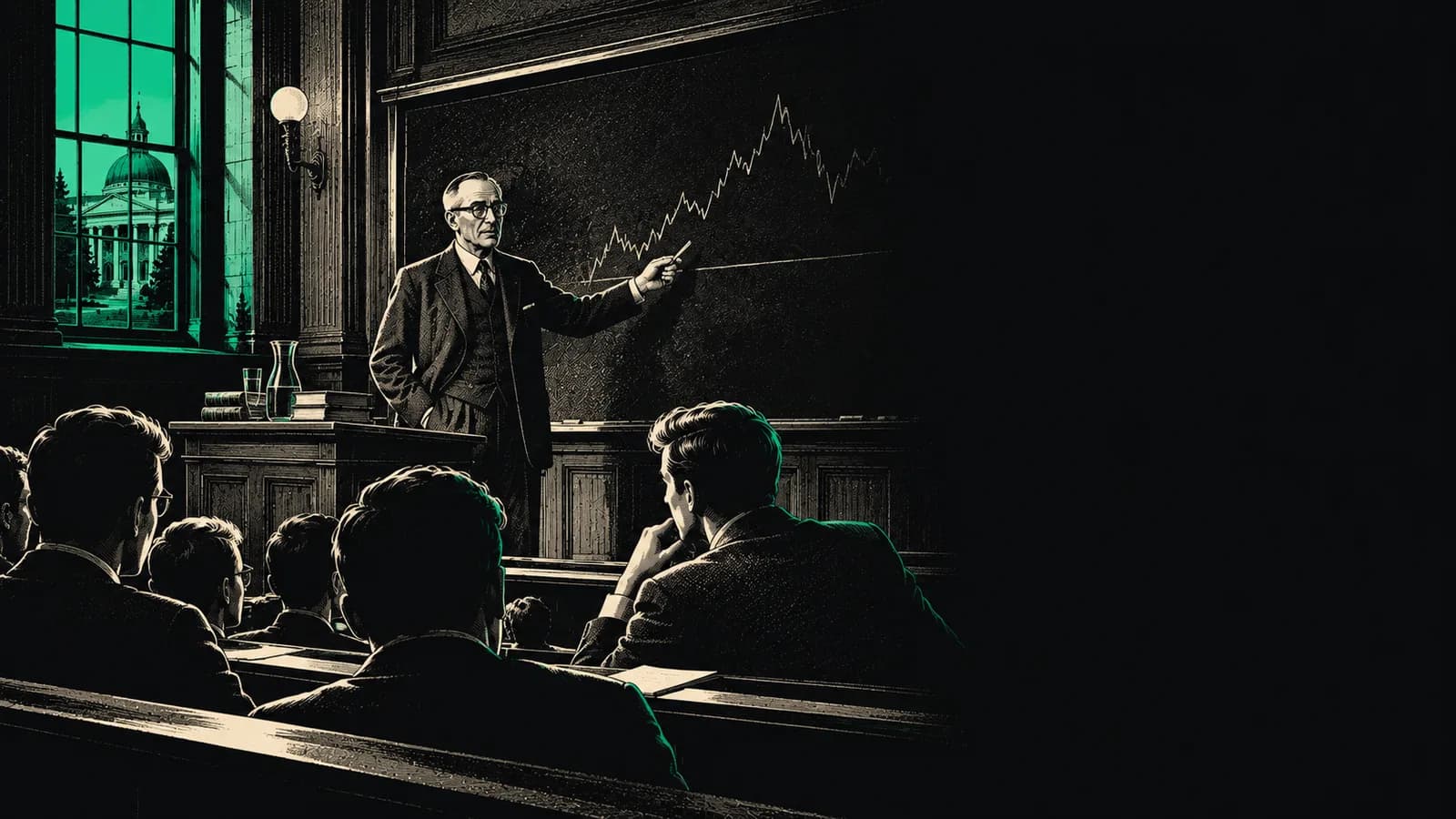 Přednáškový sál, starší profesor u tabule a siluety studentů v první řadě, ilustrace